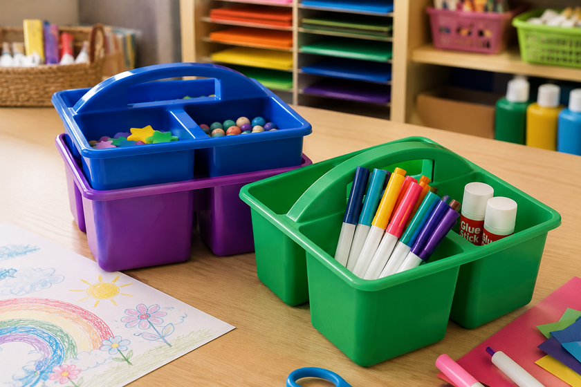 Colourful craft caddies on a realistic classroom art table with markers, glue sticks, paper and small craft supplies neatly organised.