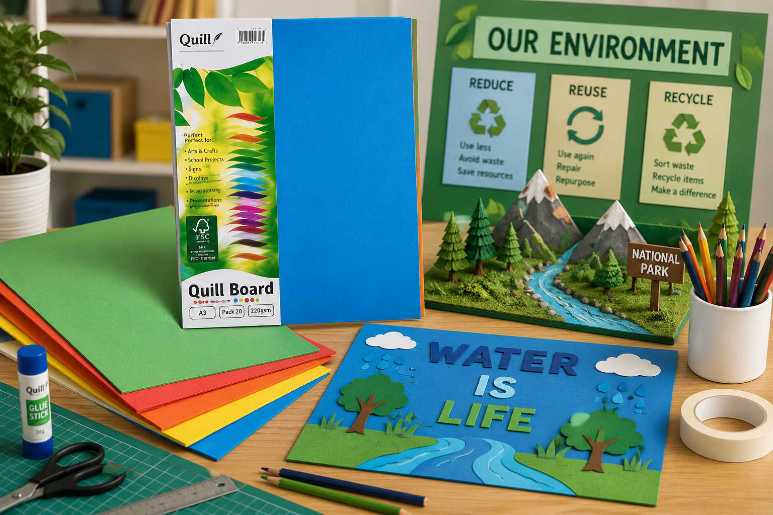 Craft cardboards arranged on a classroom project table with display boards, model making materials and stationery for school presentations and creative work.
