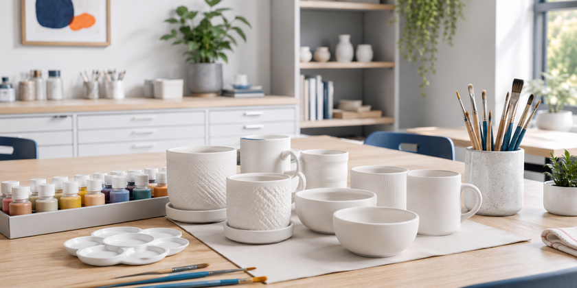 Bright art studio table with plain ceramic pots, mugs, bowls, paintbrushes and neatly arranged craft paints.