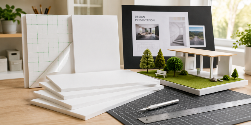 Craft foam boards arranged on a bright studio worktable with a cutting mat, knife and architectural model display.