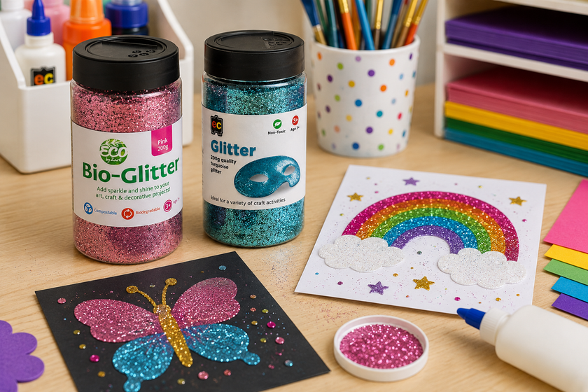 Craft glitter jars on a bright classroom craft workspace with glue, coloured paper and sparkling art projects.