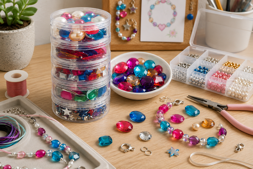 Craft jewellery supplies on a bright creative workspace with colourful gems, beads, cords, findings and jewellery making tools.