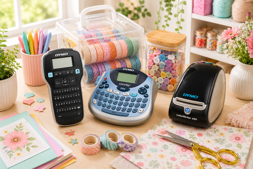 Dymo label makers and label tapes arranged on a bright craft desk with washi tape, buttons and creative supplies.
