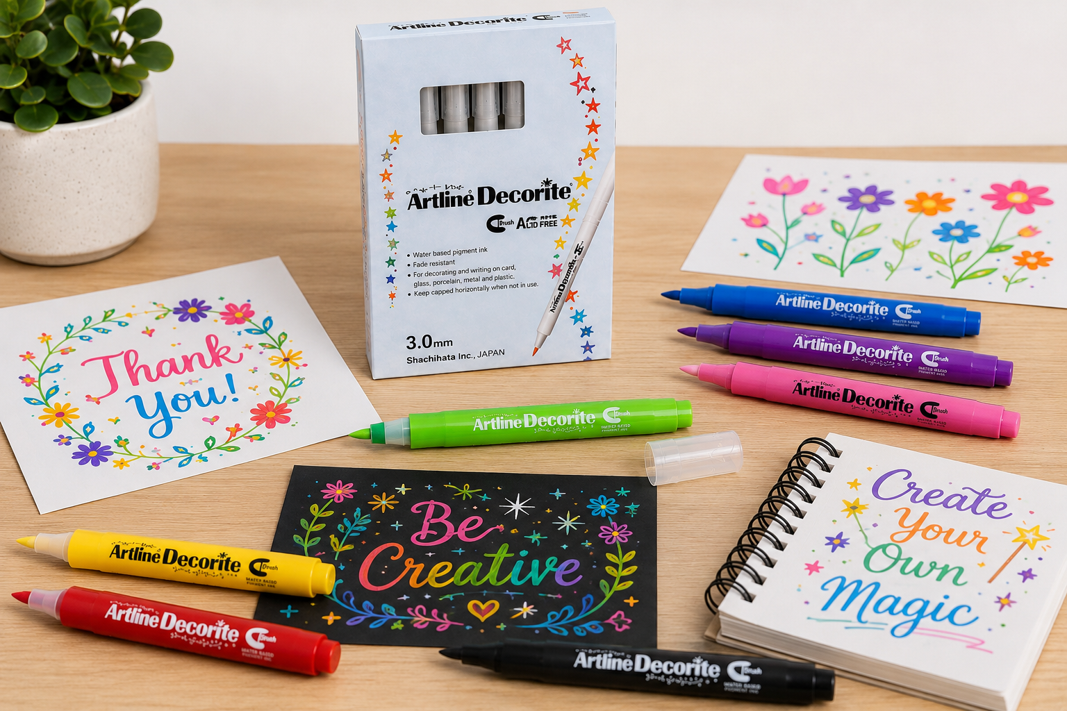 Craft markers arranged on a clean art workspace with decorated cards, lettering artwork and a marker pack for creative school and hobby projects.