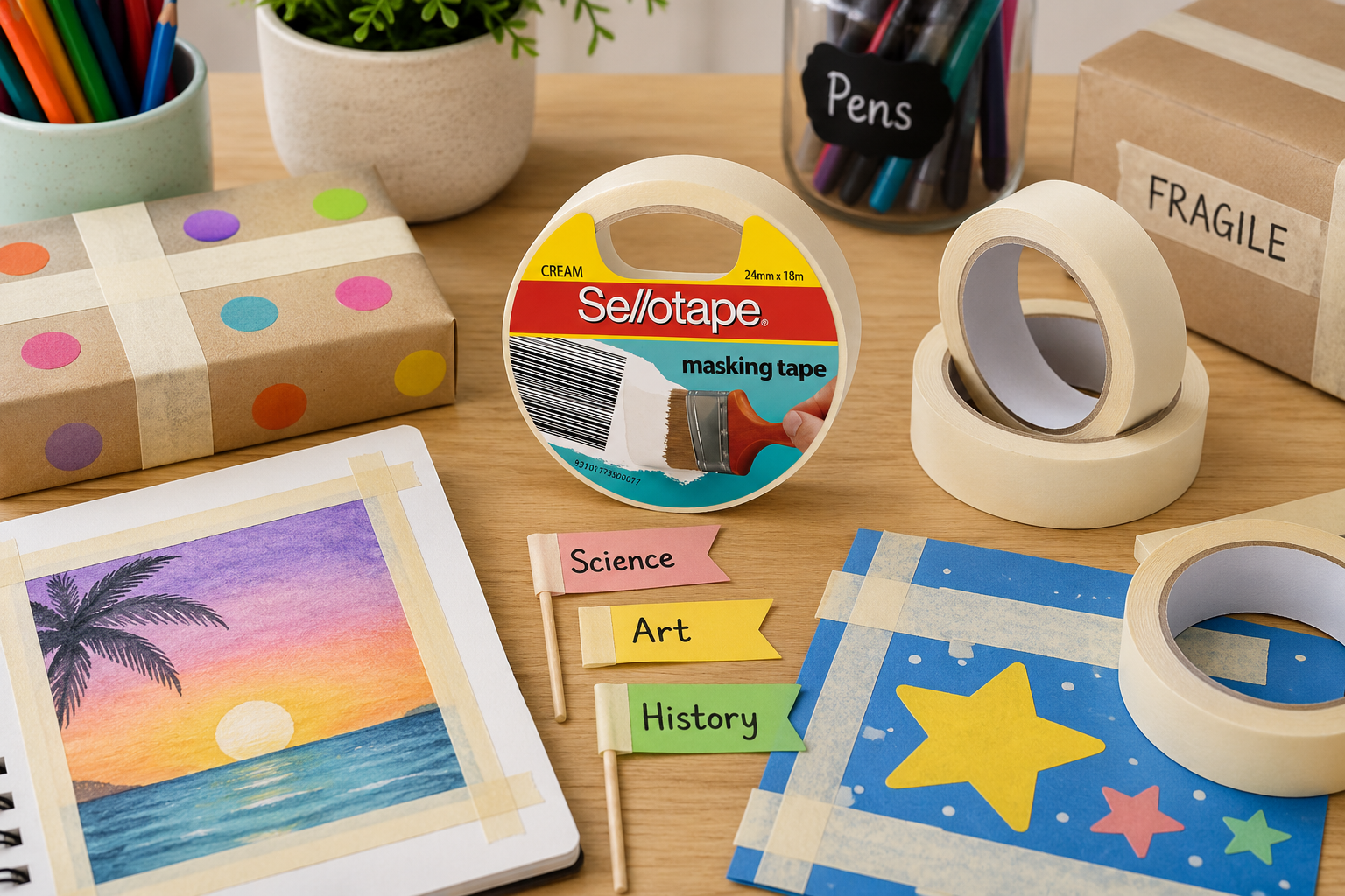 Craft masking tapes arranged on a creative project table with labelled supplies, wrapped parcels and artwork for school, office and craft tasks.