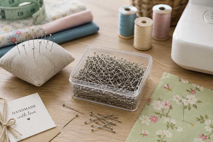 Craft pins arranged on a sewing and display workspace with fabric, thread, pincushion and handmade project materials for secure positioning.