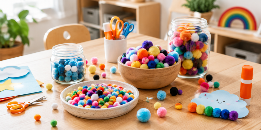 Colourful craft pom poms displayed in bowls and jars on a classroom activity table with scissors, glue stick and children’s craft materials in a bright creative setting.