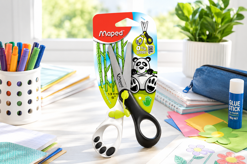 Craft scissors displayed on a bright classroom table with coloured paper, markers, notebooks and glue for school cutting activities.