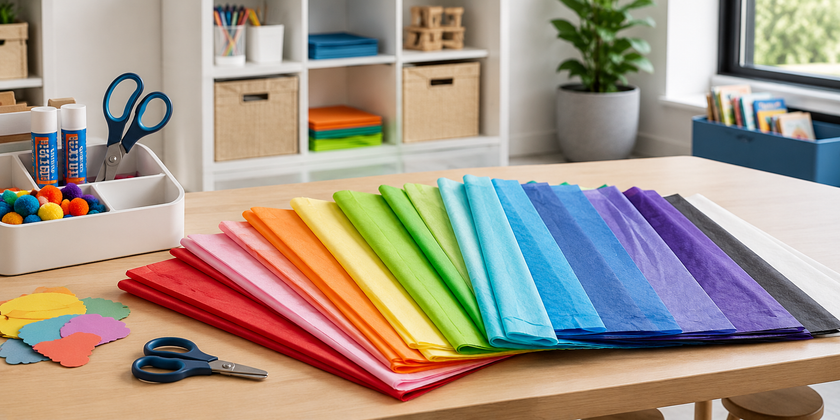 Colourful craft tissue papers fanned across a classroom activity table with scissors, glue and organised supplies.
