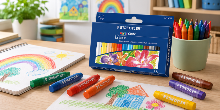 Craft crayons and jumbo oil pastels arranged on a classroom art table with colourful drawings and early learning supplies.