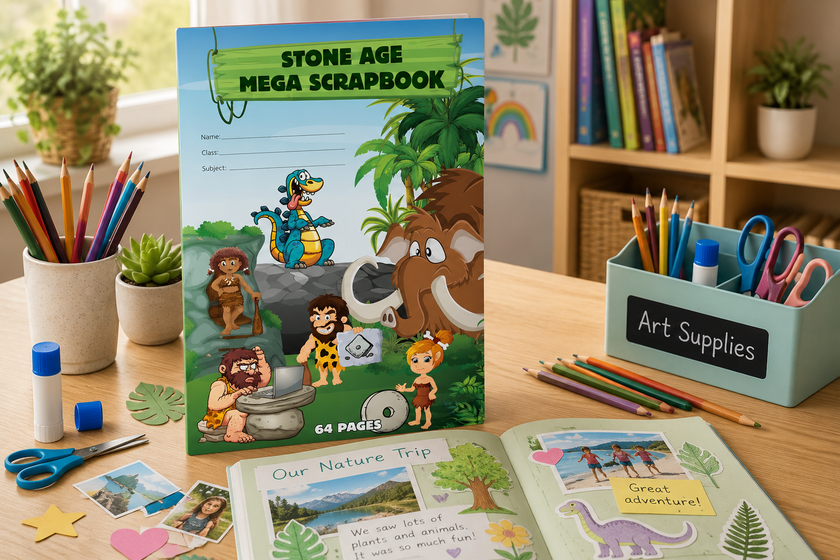 Scrap books arranged on a bright creative art table with pencils, scissors, glue, photos and collage supplies for classroom projects.