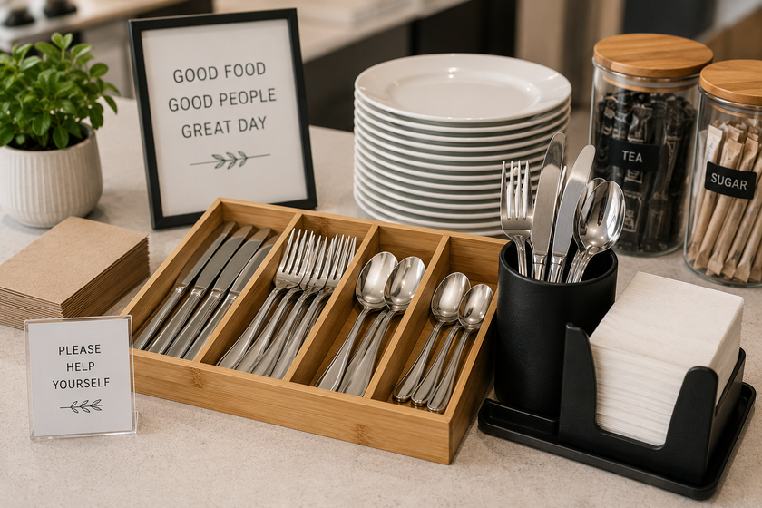 Cutlery arranged in a modern hospitality service area with plates, napkins, tea supplies and self service dining essentials.
