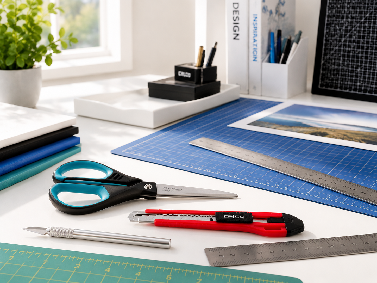 Scissors, utility knife and precision cutting tools arranged on a bright craft workspace.