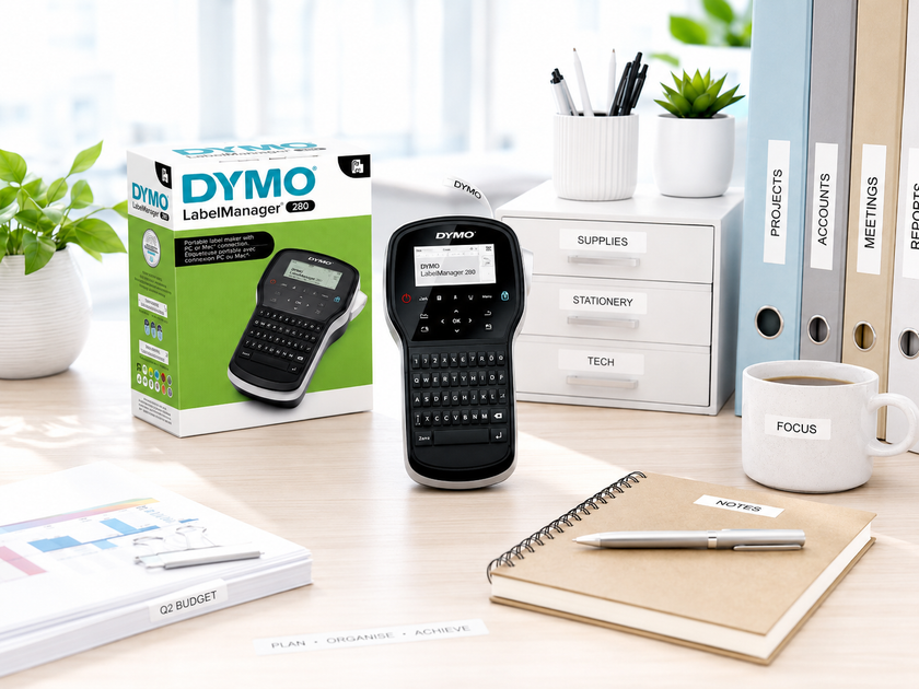 DYMO LabelManager displayed in a bright office workspace with labelled folders, storage drawers, notes and desk supplies for everyday organisation.