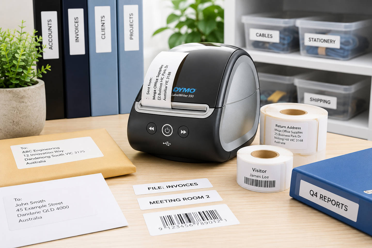DYMO LabelWriter printer on a bright office desk with address labels, barcode labels, label rolls and organised storage supplies.