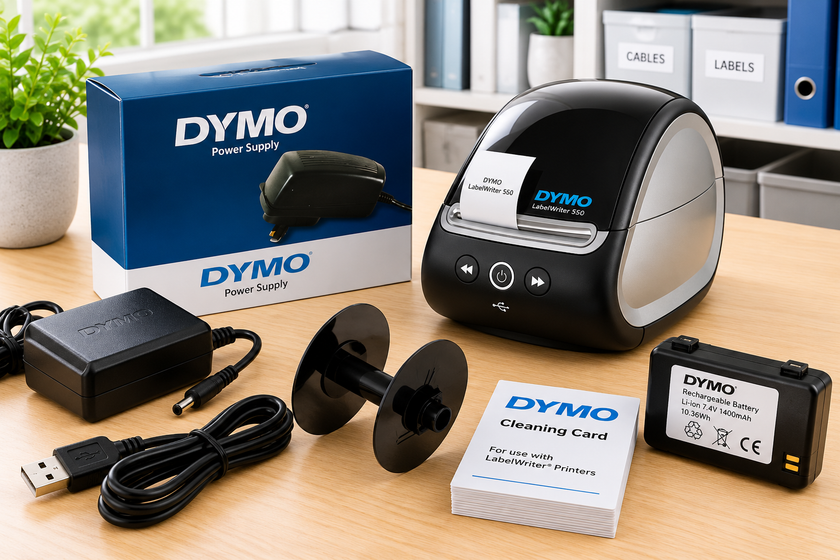 DYMO label printer accessories displayed on a bright office desk with a LabelWriter printer, power supply, spool, cleaning cards and battery pack.
