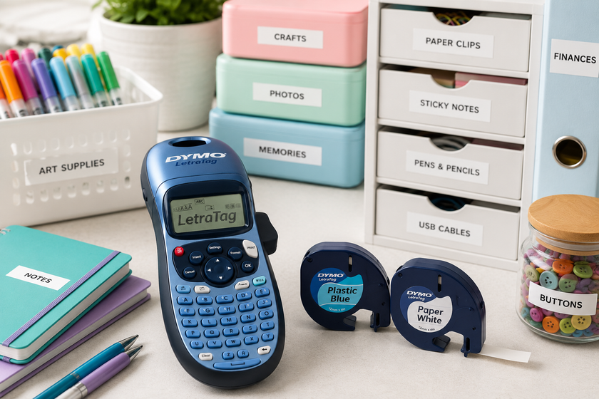 DYMO LetraTag label maker displayed in a bright craft and office workspace with labelled storage drawers, tapes and stationery supplies.