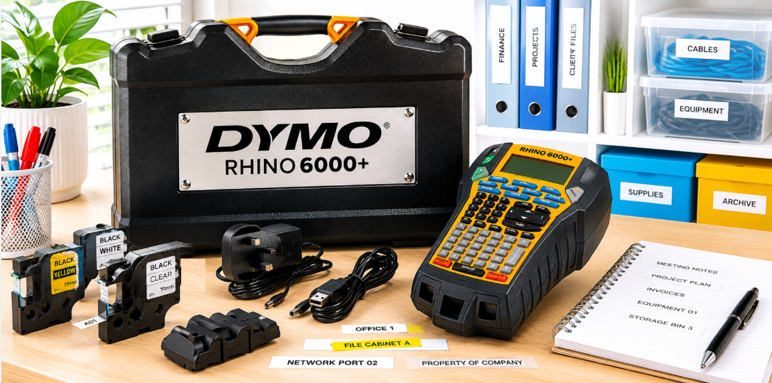 DYMO Rhino label maker kit displayed in a bright organised office workspace with tapes, cables, storage labels and filing supplies.