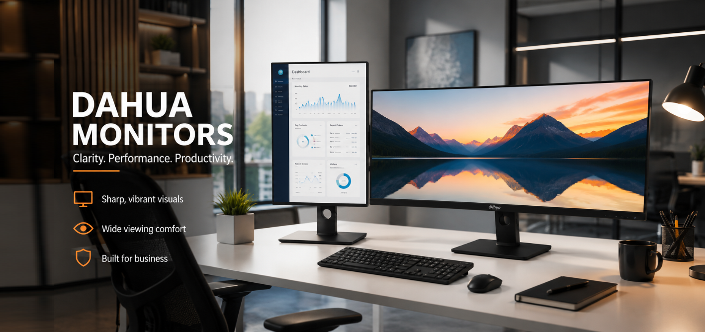 Modern corporate workspace featuring Dahua business monitors on a clean executive desk, showcasing a professional multi-monitor setup for productivity, office work and commercial environments.
