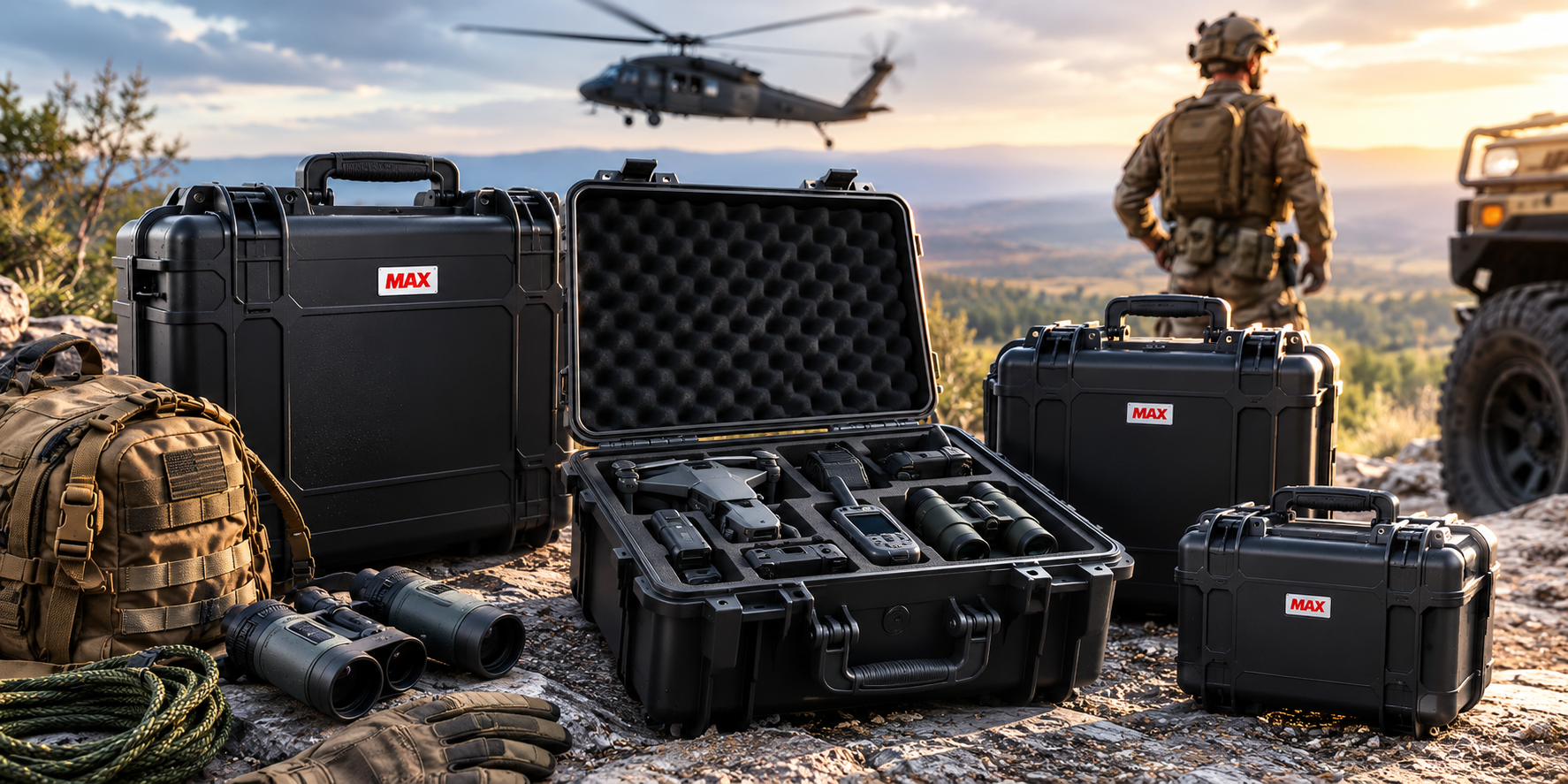 Rugged Panaro MAX protective cases with custom foam securing tactical and field equipment in a remote defence deployment setting.