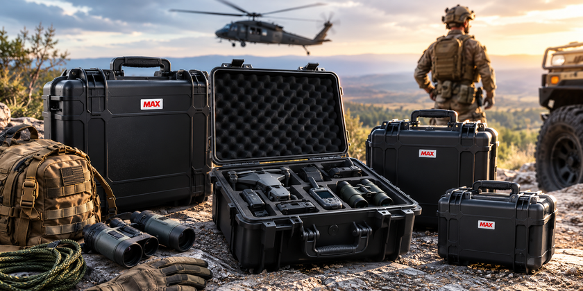 Rugged Panaro MAX protective cases with custom foam securing tactical and field equipment in a remote defence deployment setting.