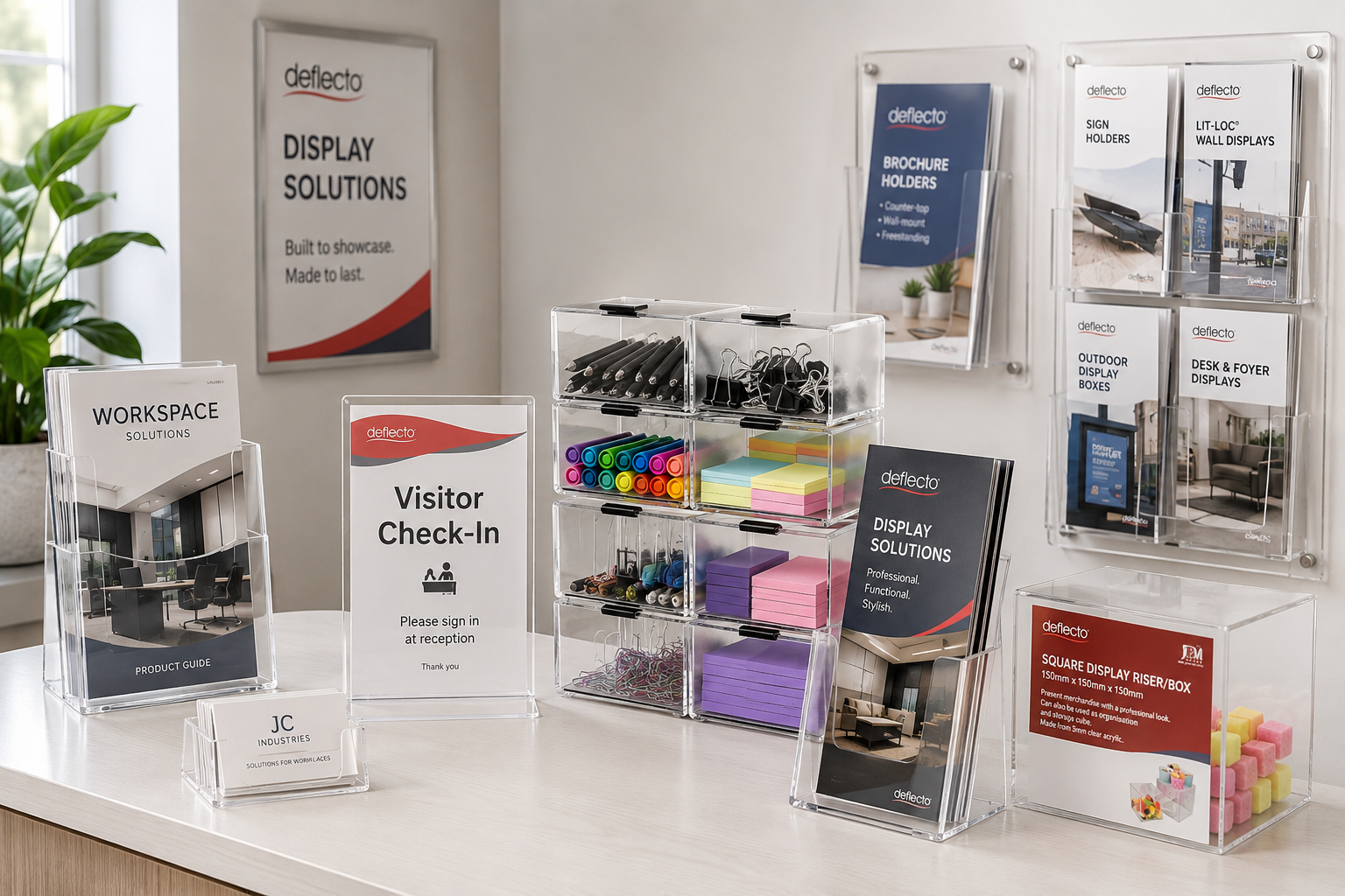 Deflecto brochure holders, sign holders and clear acrylic display organisers arranged in a bright reception workspace.