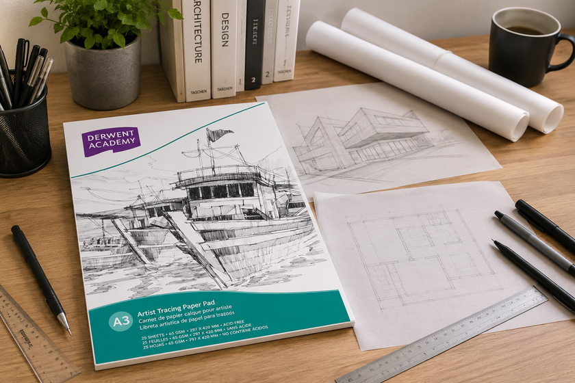 Derwent Academy tracing paper pad on a realistic office drafting desk with architectural sketches, drawing pens, rulers and paper rolls.