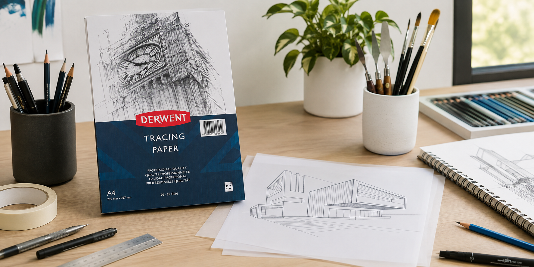 Derwent A4 tracing paper on a bright architect and artist workspace with sketching tools and technical drawings.