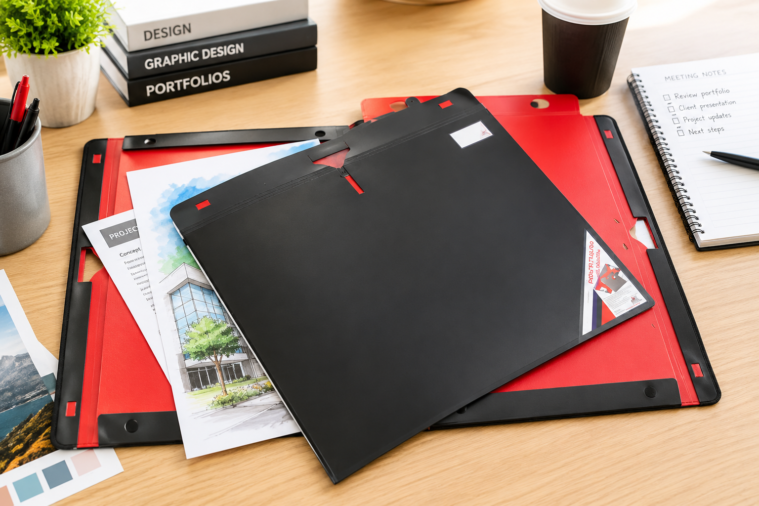 Portfolio folders displayed on a bright design desk with presentation documents, sketches and organised stationery.