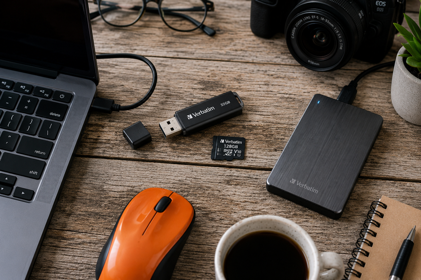 Computer storage devices including a USB drive, microSD card and external drive arranged on a rustic desk with laptop and workspace accessories.
