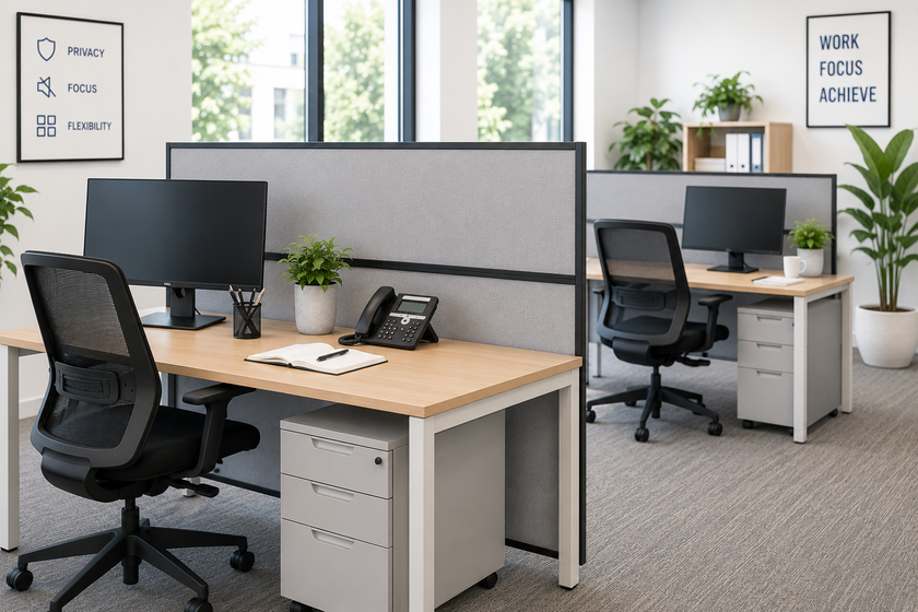 Desk mounted office partition screens attached behind workstations in a bright open plan office.