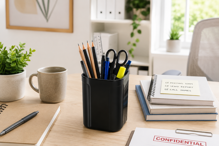 Black pencil cup on a bright office desk holding pencils, pens, scissors, ruler and highlighter with notebooks and desk accessories.