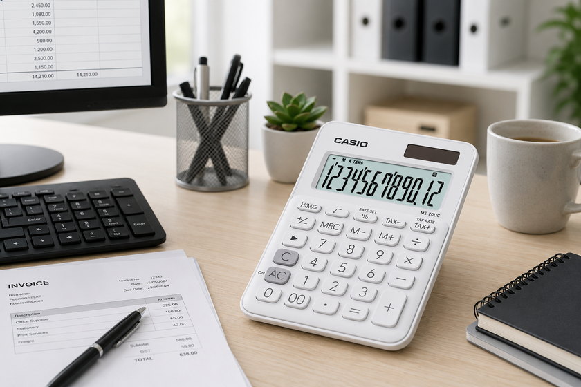 Desktop calculator arranged on a bright office accounts desk with invoice paperwork, keyboard, stationery and organised filing supplies.