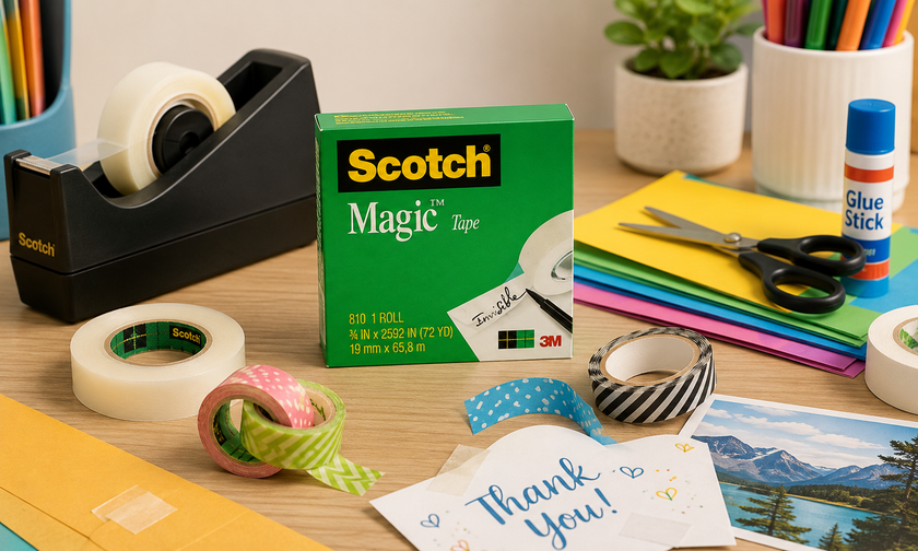 Craft tapes arranged on a tidy desktop with a tape dispenser, scissors, coloured paper and stationery for school, office and creative tasks.