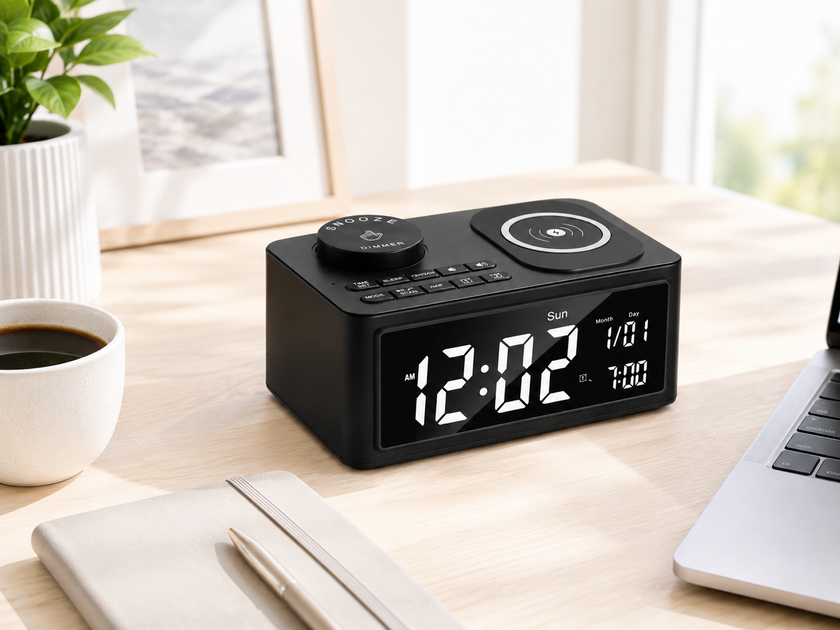 Digital alarm clock on a modern office desk with a planner, laptop and coffee for clear timekeeping and daily scheduling.