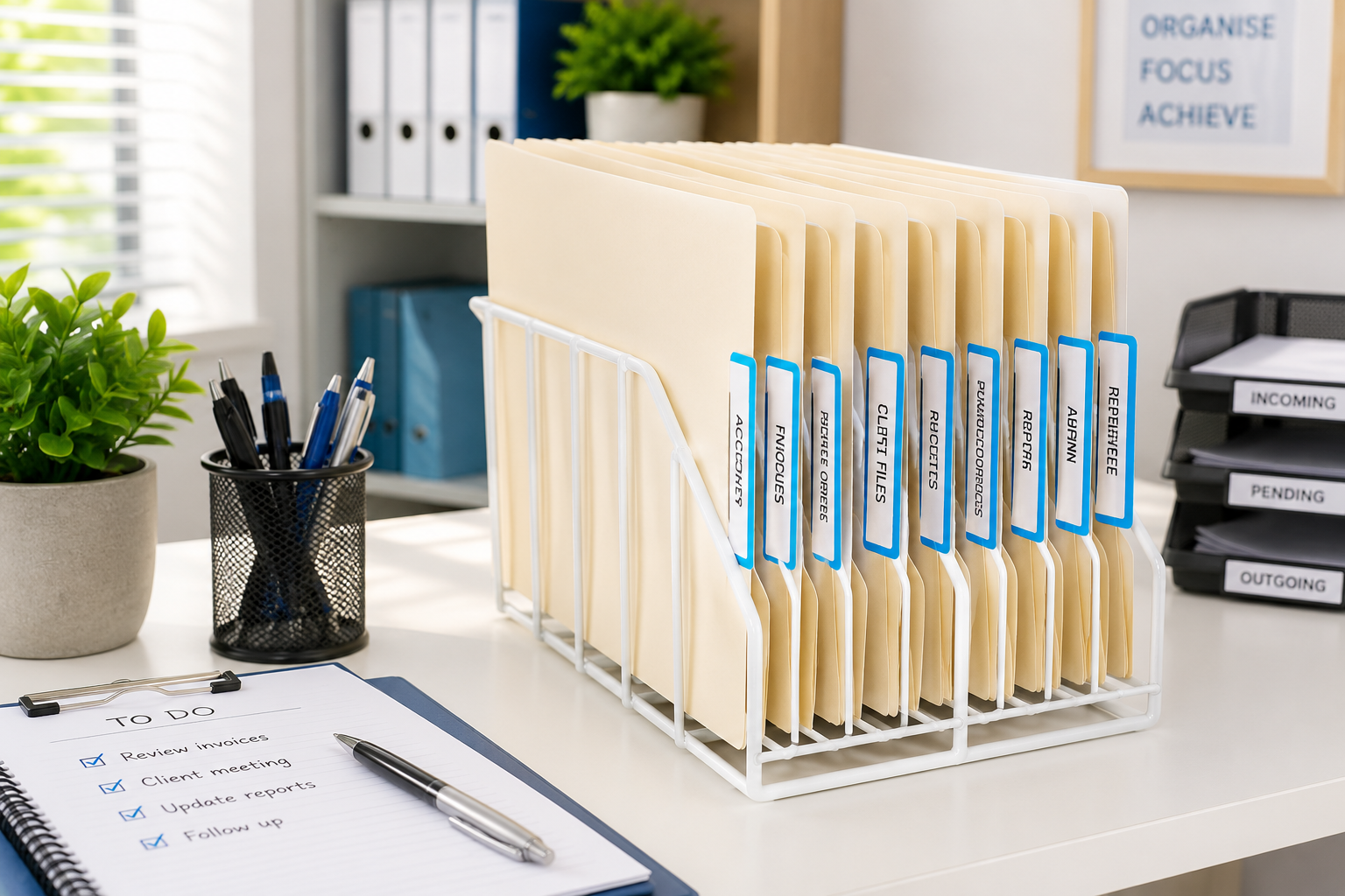 File rack with organised folders on a bright office desk for document storage and everyday paperwork access.