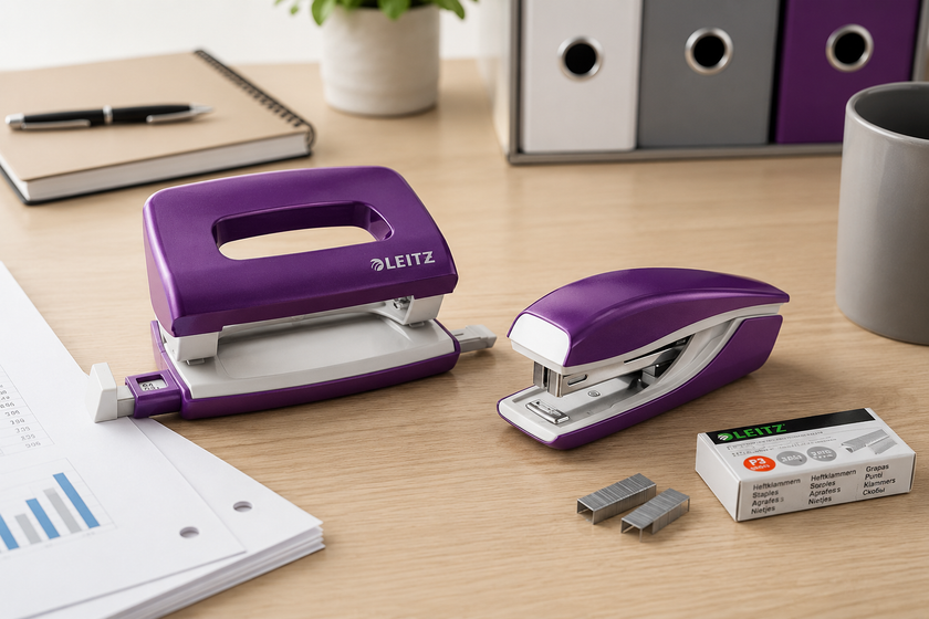 Hole punch and stapler tools on a clean office desk with paperwork, staples and binders for efficient document preparation.