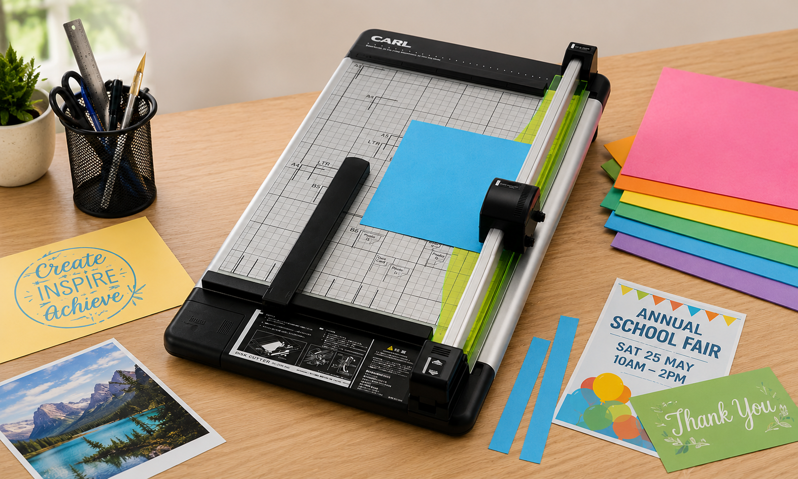 aper trimmer on a clean desktop workspace with coloured card, printed flyers and stationery for accurate cutting, shown without background cupboards or folders.