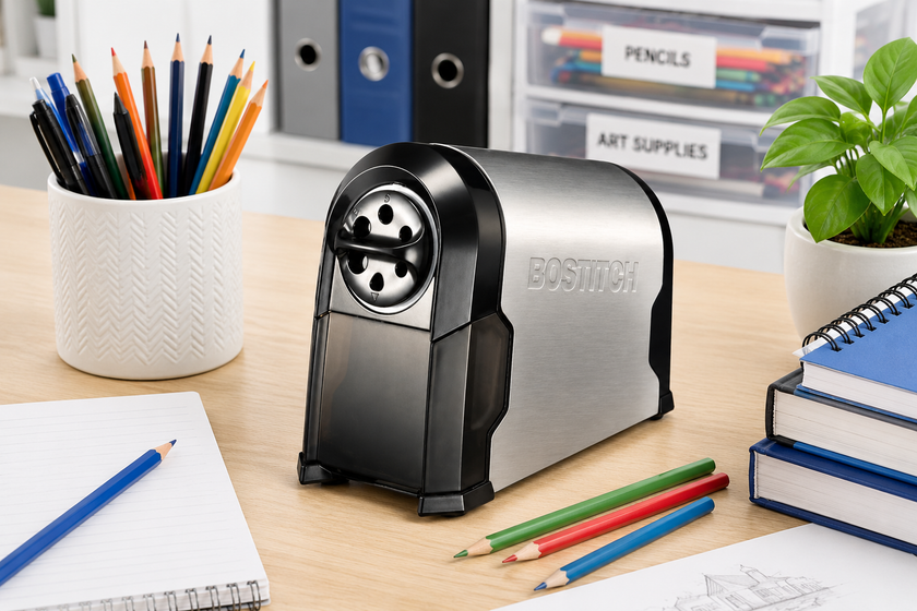 Pencil sharpener arranged on a bright study desk with coloured pencils, notebooks, art supplies and organised classroom storage.