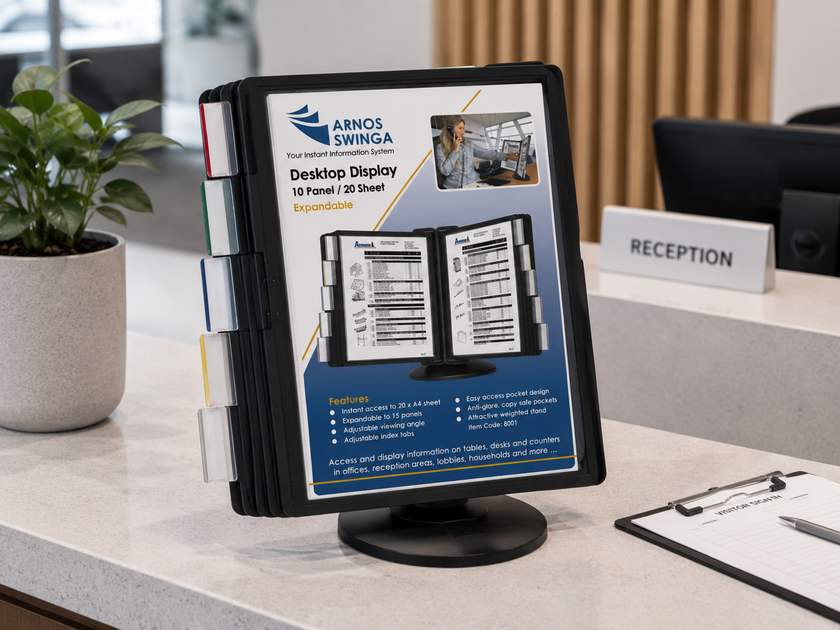Desktop sign display stand shown on a bright reception counter with tabbed display panels, visitor sign in sheet and professional office styling.