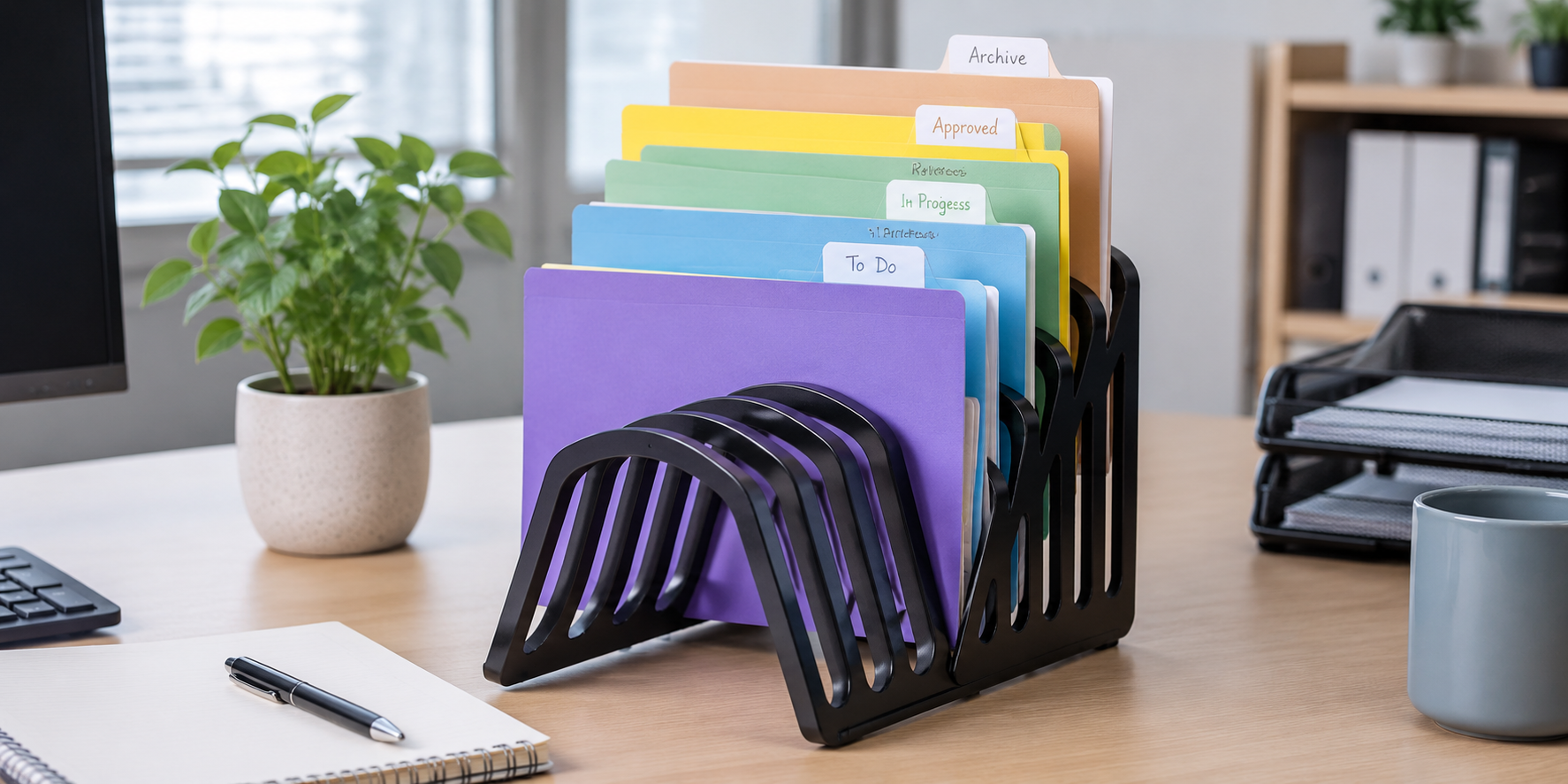 Step file organiser on an organised office desk with folders and active paperwork for desktop document sorting.