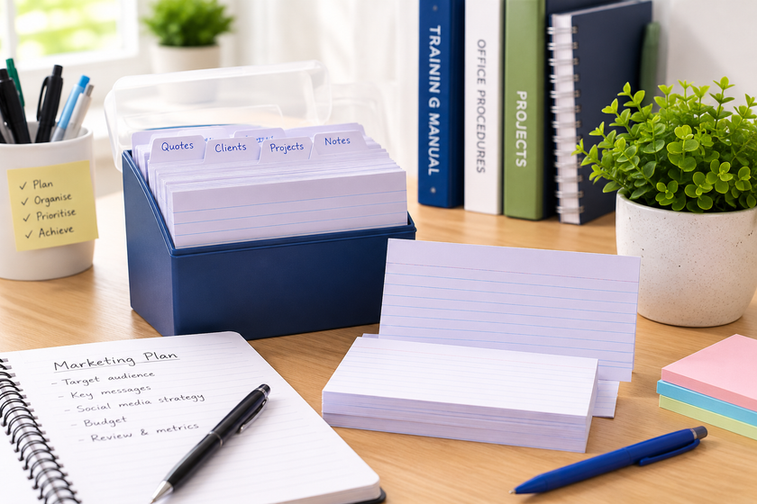 System cards organised in a desktop card box with labelled dividers, notes and stationery in a bright workspace.