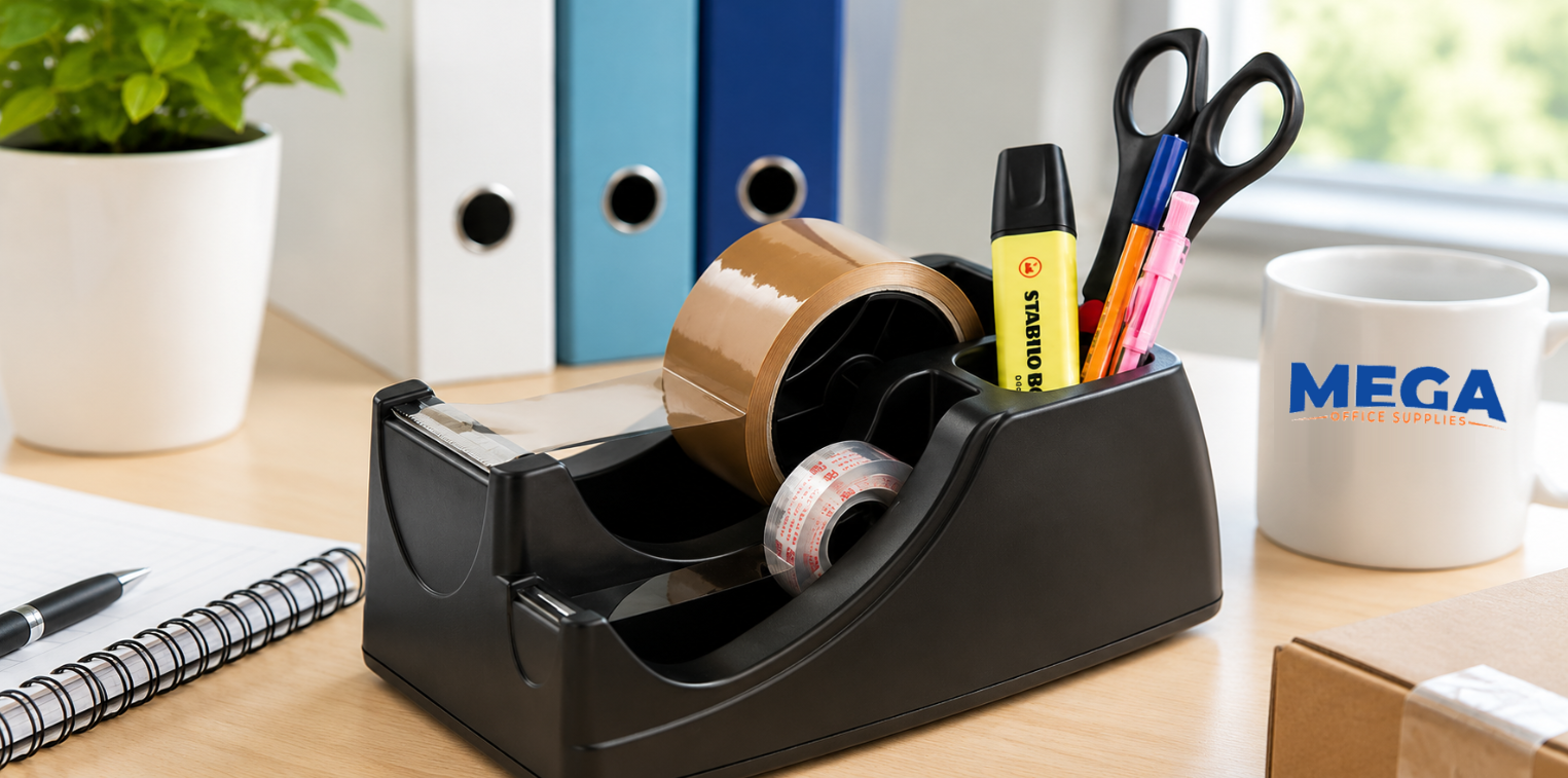 Desktop tape dispenser and stationery organiser with packing tape, scissors and pens in a bright office workspace.