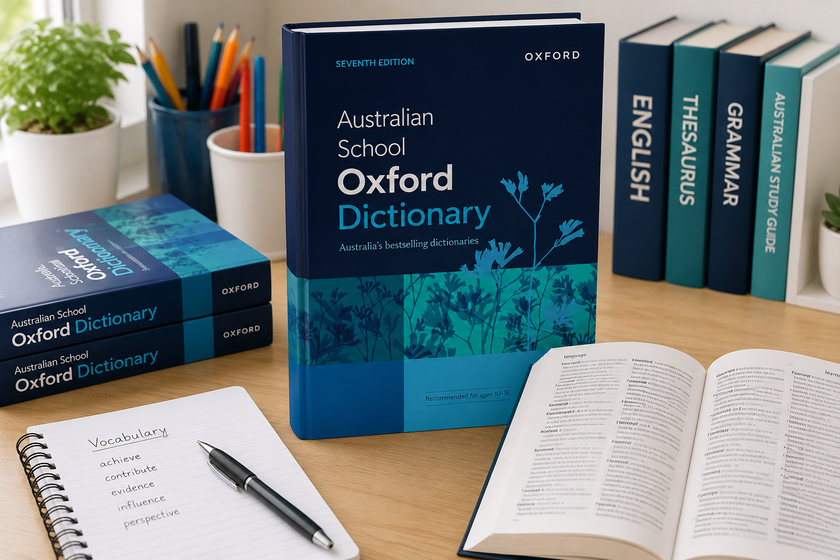 Dictionary books arranged on a tidy study desk with vocabulary notes, stationery and classroom reference materials.