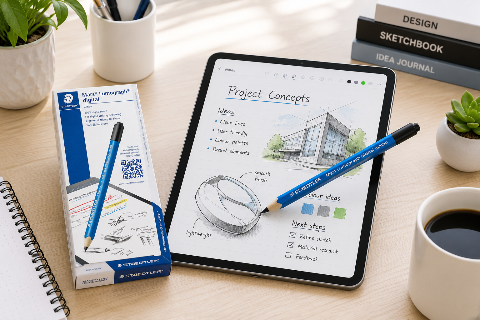 Digital pencil shown with tablet sketches and packaging on a bright creative workspace desk.