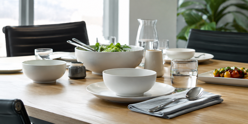 White bowls, plates and glassware arranged on a modern corporate dining or catered meeting table with serving dishes