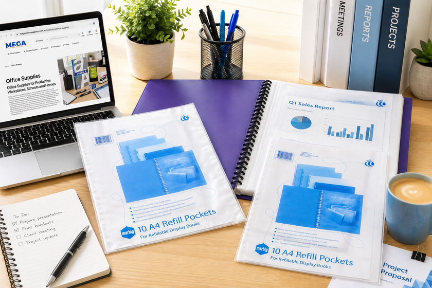 Display book refill pockets arranged on a bright office desk with a refillable display book, laptop, reports and coffee for organised document storage.