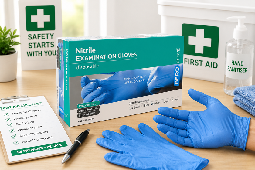 Disposable first aid gloves displayed in a bright workplace safety setup with glove box, first aid kit, sanitiser and checklist for hygiene and protection.