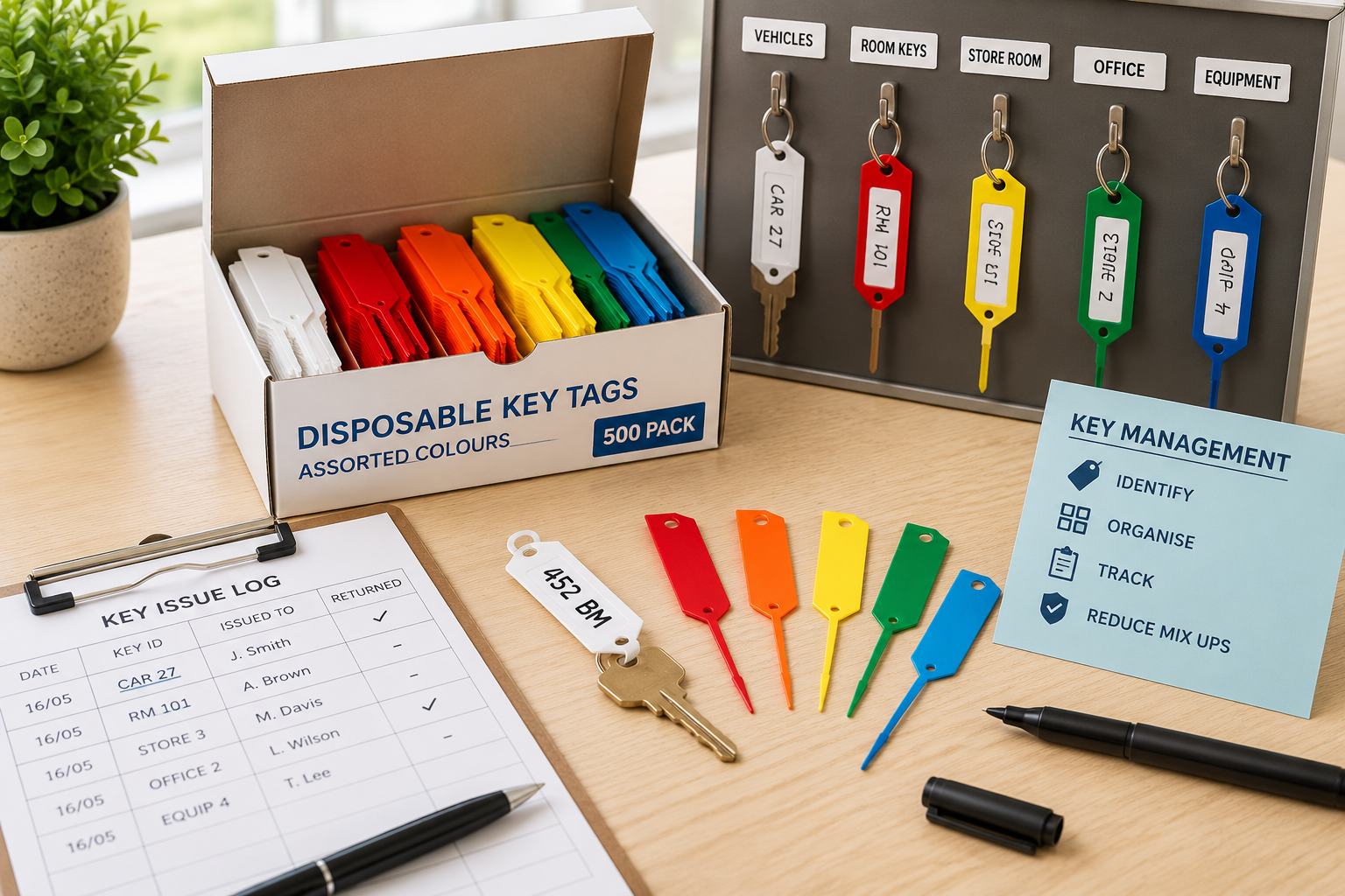Disposable key tags arranged in an office key management setup with labelled keys, colour coded tags and a key issue log for temporary identification.