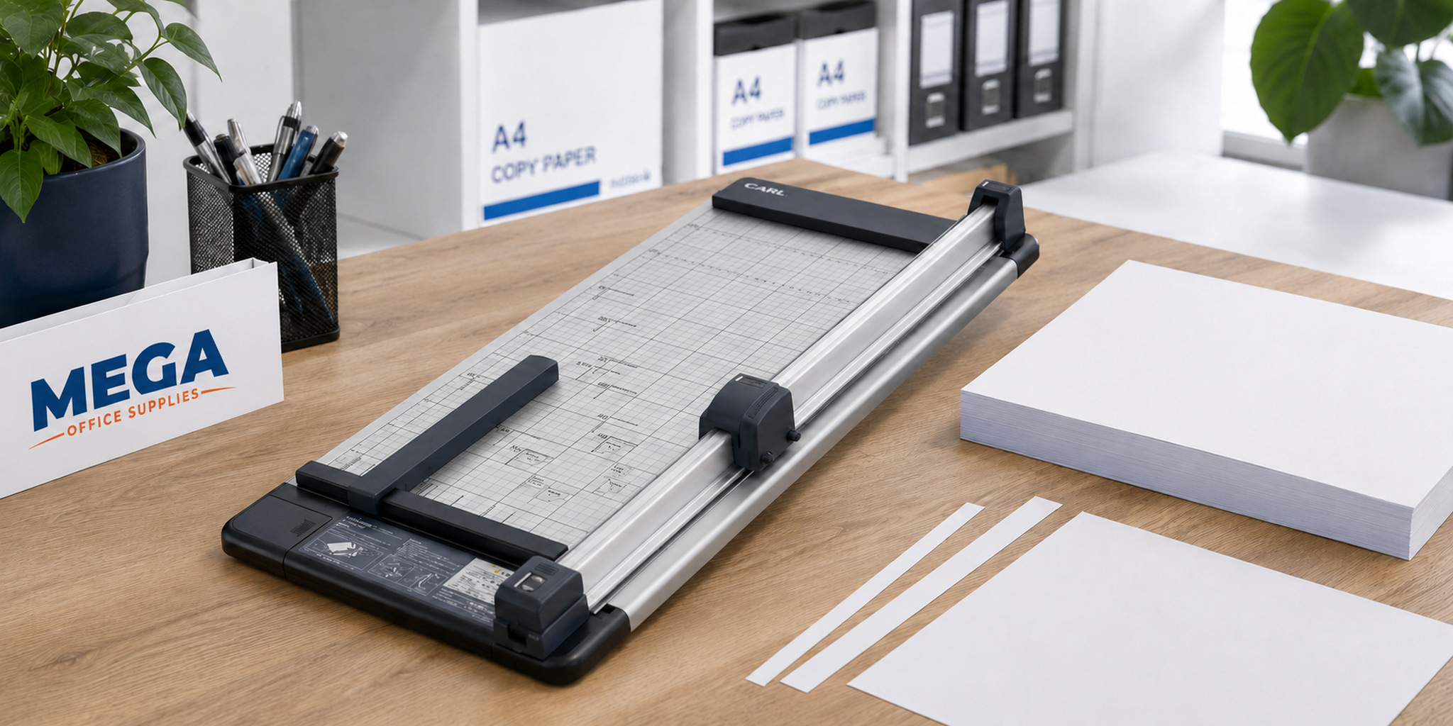 Office paper cutter set up on a document finishing bench with paper stacks and trimmed sheets.